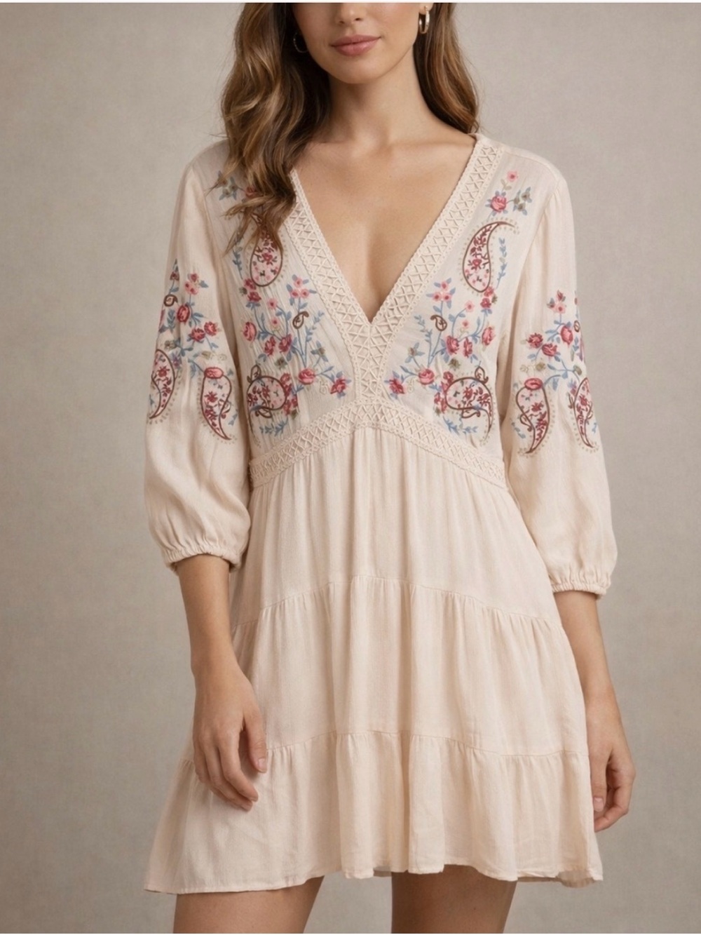 Audrey Parks For Francescas Embroidered Boho Tiered Mini Dress Ivory Cream Med